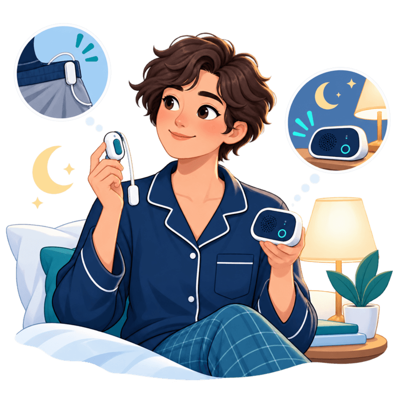 Cartoon adult comparing wearable and bedside bedwetting alarms