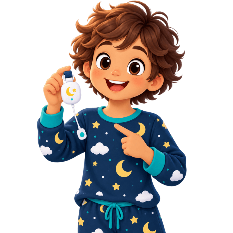 Cartoon child holding a wearable bedwetting alarm