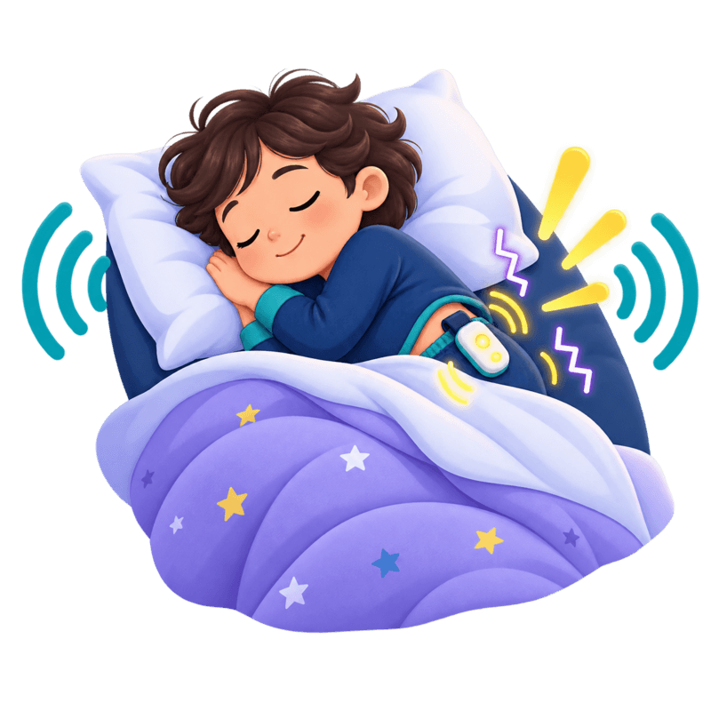 Cartoon deep sleeper using a bedwetting alarm with sound vibration and light alerts