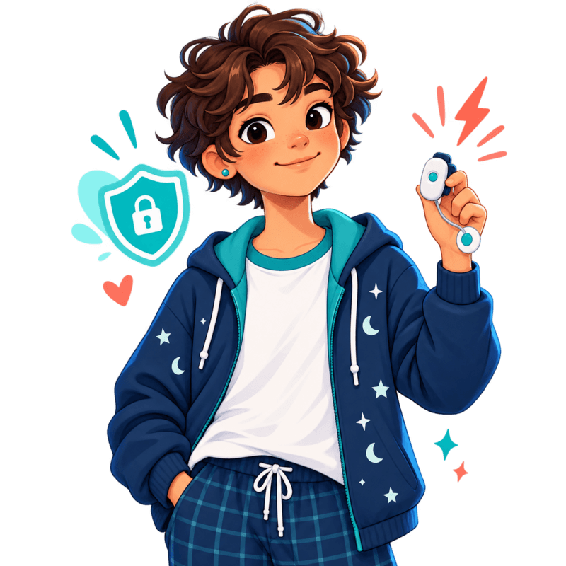 Cartoon teenager holding a discreet bedwetting alarm